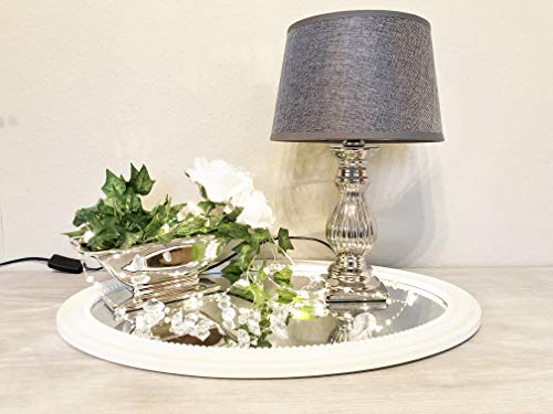 DRULINE Tischlampe Steffi Lampe Nachttischleuchte mit Schirm Klassische Dekoration fürs Schlafzimmer Wohnzimmer Esszimmer aus Keramik Silber Fuß Mittel H47 cm Grau