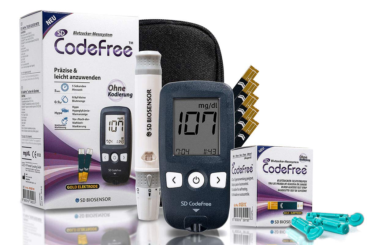 SD CodeFree Vorteilspack Blutzuckermessgerät Set mit 60 Blutzuckerteststreifen 110 Blutlanzetten, Stechhilfe, Tagebuch, Etui - Sparpackung zur Diabetes-Kontrolle bei Blutzucker (Zucker-Krankheit)