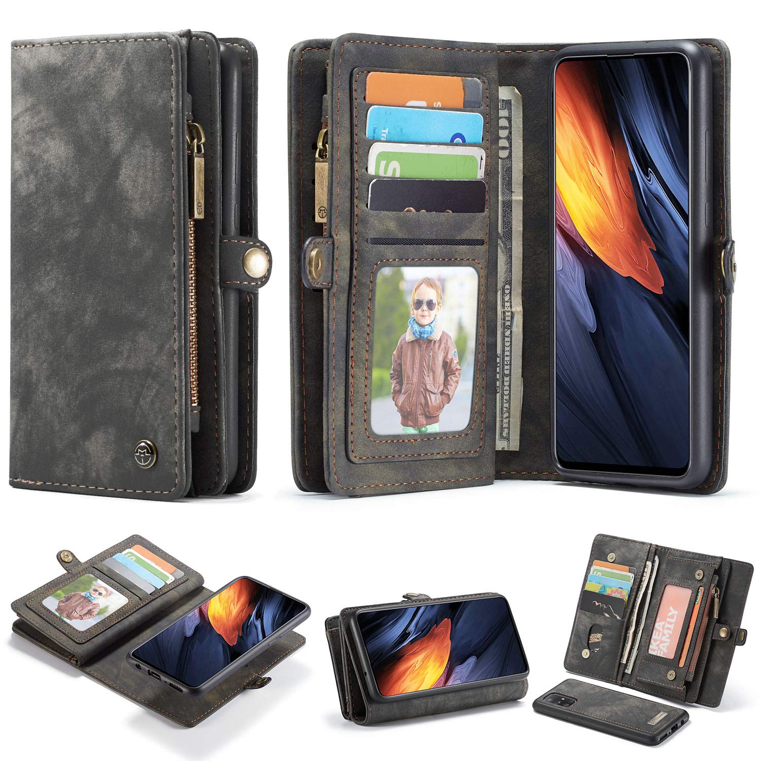 CaseMe Leder Brieftasche Hülle für Samsung Galaxy A71 4G, Handgemacht 2in1 Abnehmbarer Flip Reißverschluss Etui mit Card Slots und magnetischer Back Cover Fall für Samsung Galaxy A71 4G