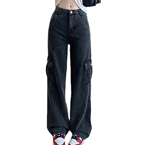 Women's Jeans Trousers with High Waist E-Girl Streetwear Trousers Casual Baggy Vintage Flare Denim Trousers Casual Loose Straight Trousers,Schwarz,S