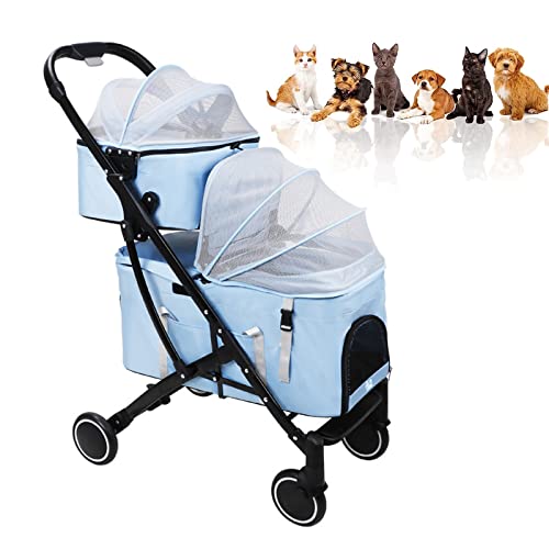 Pet Stroller Double Dog Stroller, faltbarer Pet Stroller für 2 Hunde und Katzen, klein, mittelgroß, mit abnehmbarem Träger auf Rädern, einfach zu faltende 360°-Universal-Vorderräder,Blau