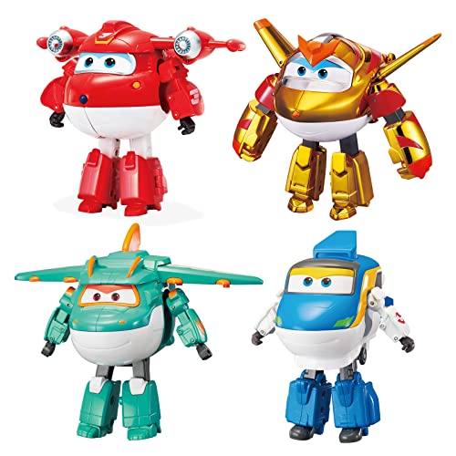 Super Wings 5" Transforming Character 4 Pack | Supercharged Jett, Golden Boy, Tony und Tino, Spielzeug für 3+ Jahre alte Jungen und Mädchen, Mehrfarbig