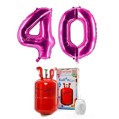PARTY FACTORY Helium Set "40" mit XXL Zahlenballons, Ballongas und Ballonschnur - für Geburtstag, Jubiläum, Jahrestag; Gold, Silber, Schwarz, Pink, Rosa, Rosagold, Bunt (Pink)