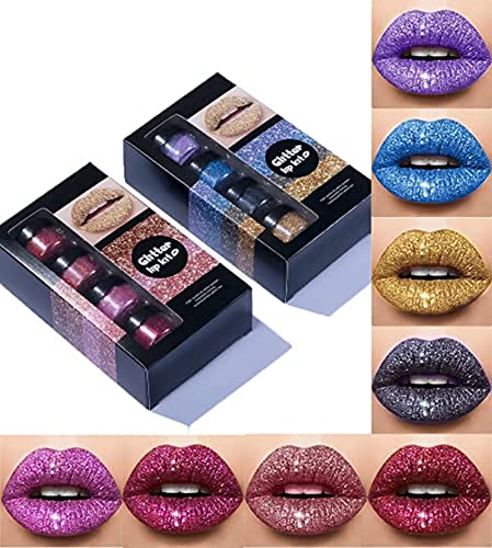 Glitter Lip Kit Stay Golden, long lasting lipstick liquid lipstick set, 4 Farben Glitzer-Lippenstift, Diamonds Pearl Shimmer Lipstick, Stay golden cosmetics glitter lip kit. (Set A+Set B)