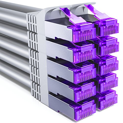 deleyCON 10x 2m RJ45 Patchkabel Set Ethernetkabel Netzwerkkabel mit CAT7 Rohkabel S-FTP PiMF Schirmung Gigabit LAN Kabel SFTP Kupfer DSL Switch Router Patchpanel - Grau
