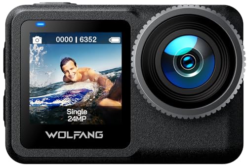 WOLFANG Action Kamera 5K30FPS 24MP, 40M Waterproof Unterwasserkamera mit 12M Waterproof Unprotected, 2.2" Touchscreen, 5G WiFi, EIS, Interne 1650mAh Batterie und 64GB Speicher, Zubehör Kit