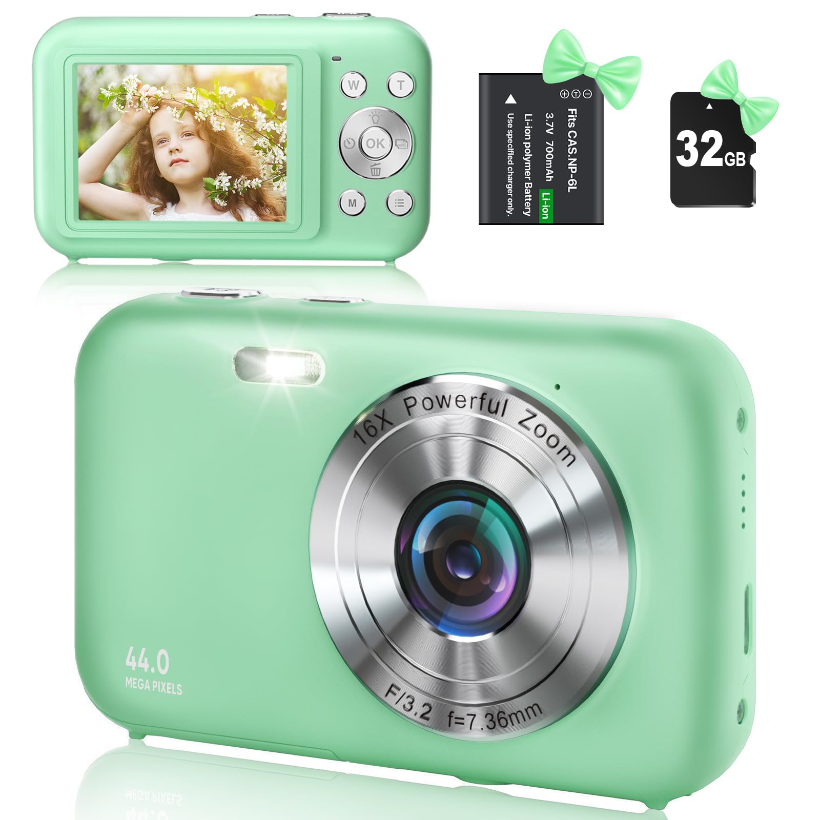 Digitalkamera Fotokamera Kompaktkamera mit 32GB SD-Karte, HD 1080P 44MP, Kamera fotokamera Fotoapparat, LCD Wiederaufladbare Digital Kamera mit 16X Digitalzoom digicam für Kinder, Erwachsene(Grün)