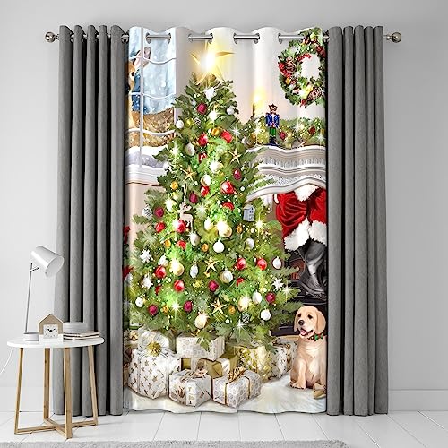 Fusion - Dekorativer Vorhang mit Ösen – Weihnachtsbaum-Geschenkszene – 138 x 214 cm (B x L) in Grün und Weiß