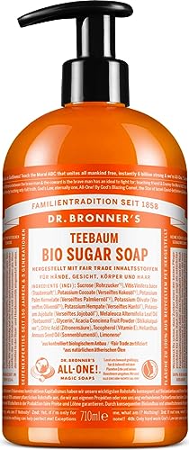 Dr. Bronner's Bio Suger Soap | Teebaum | Für Hände, Gesicht, Körper und Haar | Mit Shikakai-Pulver und Bio-Rohrzucker | 710 ml
