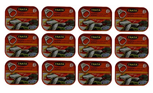 12x 100g Sardinen in Tomatensoße eingelegt Trata Griechenland Fisch in Tomaten Soße Sauce Konserve 6 Stück + Probiersachet Olivenöl 10ml