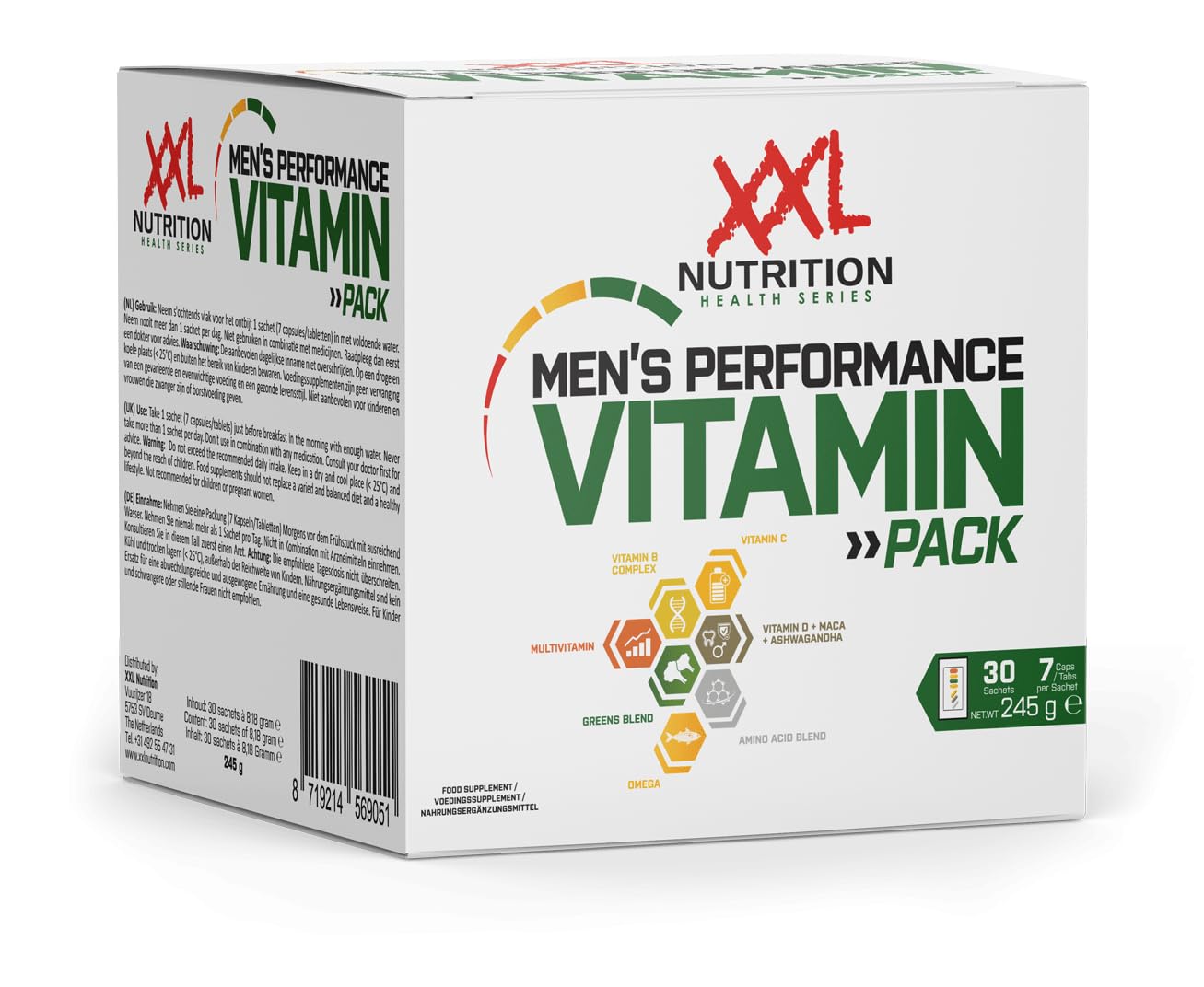 XXL Nutrition - Men's Performance Vitamin Pack - Multivitamin, mehr als 30 aktive Inhaltsstoffem, für männliche Sportler - 30 Sachets