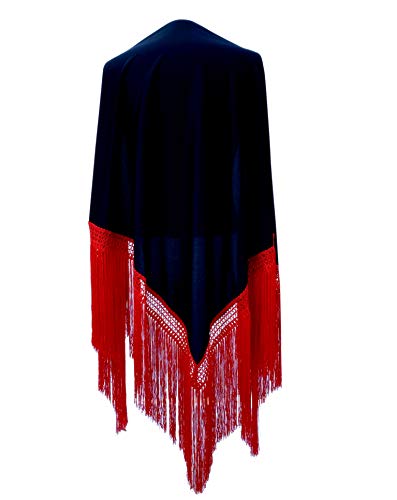 La Senorita Spanischer Manton Tuch Schal schwarz einfarbig mit roten Fransen Large