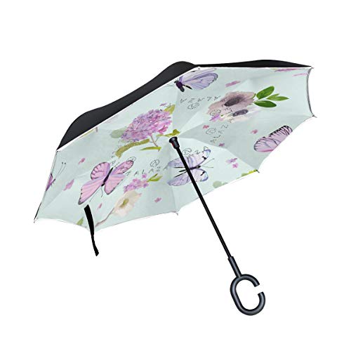 ISAOA Regenschirm, groß, doppelschichtig, Winddicht, UV-Schutz, Regenschirm für Auto, Regen, Outdoor, C-förmiger Griff, selbststehend, Blumen und Fliegende Schmetterlinge, Regenschirm