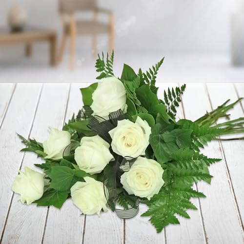 Trauerstrauß mit weißen Rosen - Liegestrauß mit Trauerflor # Blumenstrauß # Beerdigung # Beileid # Kondolenz