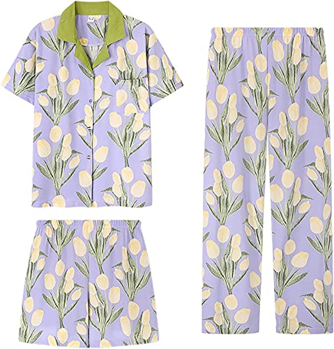 LTLCLZ Damen Schlafanzug Kurz 3-teiliges Pyjama Set Kurze Schlafanzüge Nachtwäsche Hausanzug Sleepwear, Hosen und Shorts Nachtwäsche