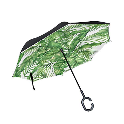 ISAOA Doppelschichtiger umgekehrter faltbarer Regenschirm, selbststehender und umgekehrter Autoschirm, gr¨¹ne Kokosnuss-Dschungelbl?tter, winddichter Regenschirm, umgekehrter Regenschirm mit UV-Schutz