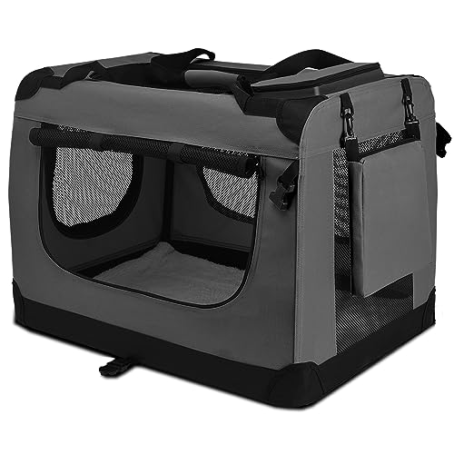 PISPETS Transportbox für Haustiere Hunde und Katzen, 60x43x44cm, Klappbarer Transporttasche - Träger und Käfig in einem (Anthrazitgrau)