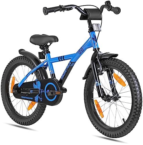 PROMETHEUS BICYCLES Kinderfahrrad 18 Zoll Jungen ab 6 Jahre - Kinder Fahrrad 18 Zoll Junge Mädchen Fahrrad Kinder mit Rücktrittbremse Fahrradständer in Blau Schwarz