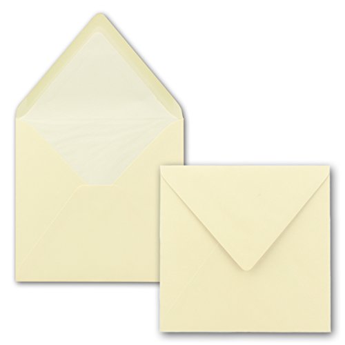 Umschläge Quadratisch 16 x 16 cm - 100 Stück - Vanille mit weißem Seidenfutter - gefütterte quadratische Briefumschläge - Nassklebung