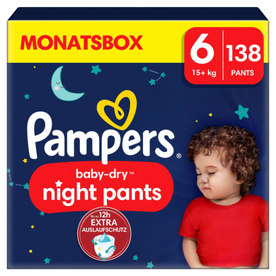 Pampers Night Windeln Pants Größe 6 (15kg+) Baby-Dry, MONATSBOX, 138 Höschenwindeln, Windelhöschen bieten zusätzlichen Schutz für die ganze Nacht