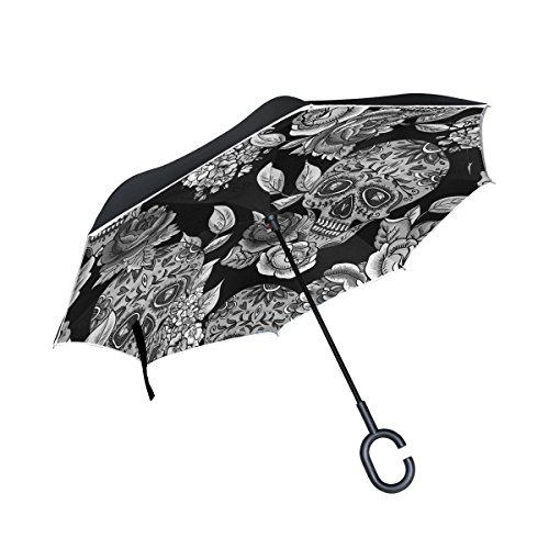 isaoa Große Schirm Regenschirm Winddicht Doppelschichtige seitenverkehrt Faltbarer Regenschirm für Auto Regen Außeneinsatz,C-förmigem Henkel Regenschirm Totenkopf schwarz Regenschirm