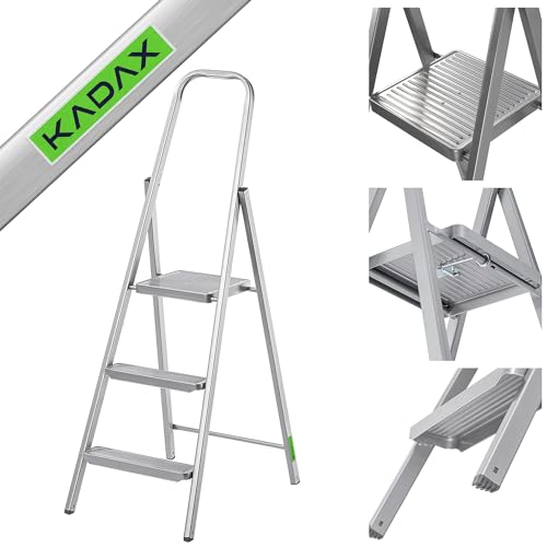 KADAX Einseitige Stahlleiter mit Antirutsch-Füßen, Stufenleiter, Leiter mit Ablage, Trittleiter, Klappleiter, Haushaltsleiter mit Breiten Stufen (3 Stufen)