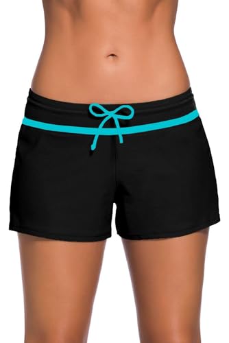 Tmaza Damen Badeshorts Kurze Badehose Schnell Trocknendes Schwimmshorts Wassersport Boardshorts Schwimmhose UV Schutz, Schwarz+Blau 2XL