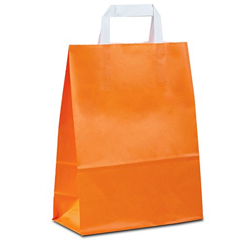 100 x Papiertragetaschen orange 22+10x28 cm | stabile Papiertaschen | Paper Bag Flachhenkel | Tragetaschen Papier klein | Kraftpapiertüten | HUTNER