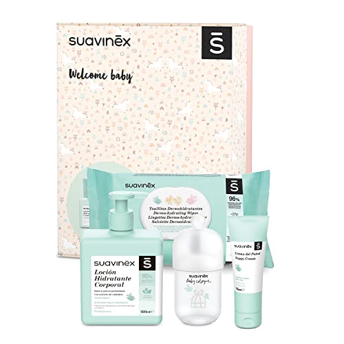 SUAVINEX N172348 400470 Kosmetikkorb/Korb für Neugeborene Windelcreme 75 ml + Feuchtigkeitscreme für den Körper 500 ml + Baby Cologne Duft 100 ml + Tücher 72 Stück. Farbe: Rosa, 32.0 x 27.9 x 9.9