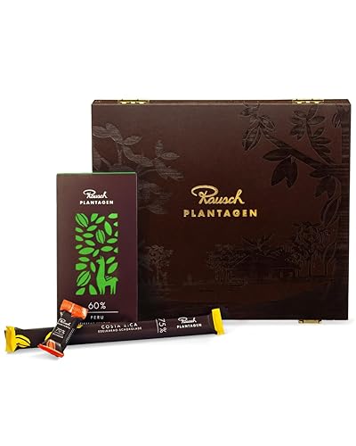 Rausch Plantagen Holz Schatulle – Holz Schachtel gefüllt mit 21 Minis, 8 Sticks und 3 Tafeln Edelschokolade – Schokolade aus aller Welt – Schokoladen Geschenkset