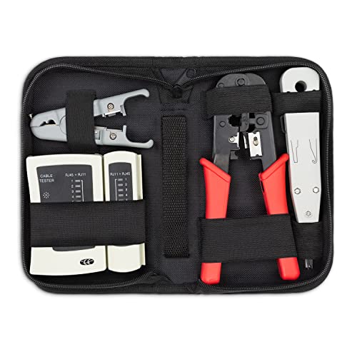 deleyCON 4-teiliges Netzwerk Werkzeug Set Mit Tasche Kabeltester Crimpzange LSA Auflegewerkzeug Abisolierzange IT Computer Netzwerk LAN CAT Werkzeug RJ11 RJ12 RJ45