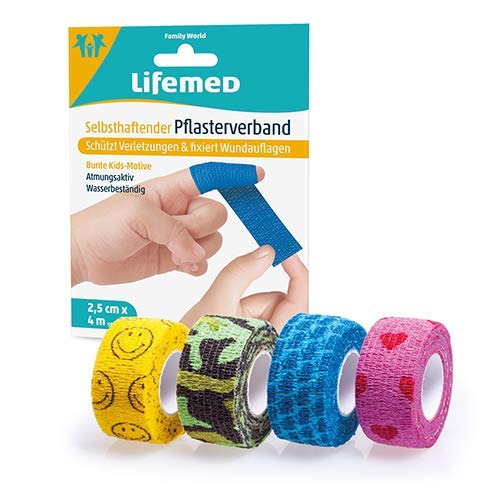 Lifemed Selbsthaftender Pflasterverband 4 m x 2,5 cm farbig sortiert 4 ver. Motive 120 x 1 Rolle