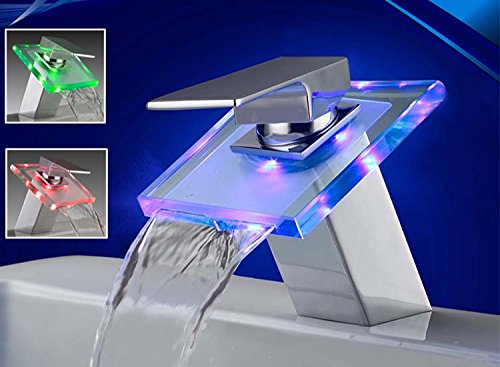 Eaxus LED RGB Wasserfall Glas Armatur Waschbecken Bad Chrom Wasserhahn Waschtisch Einhebelmischer Waschtischarmatur Einhandmischer Badarmatur Waschbeckenarmatur
