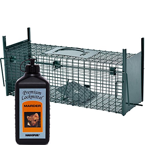 PROHEIM Lebendfalle Secure-S 53 cm + 100 ml Hagopur Marder Lockstoff - zuverlässige & sichere Tierfalle mit 2 Eingängen - sofort einsatzbereit & wetterfest - ideal für Ratten, Iltis, Marder