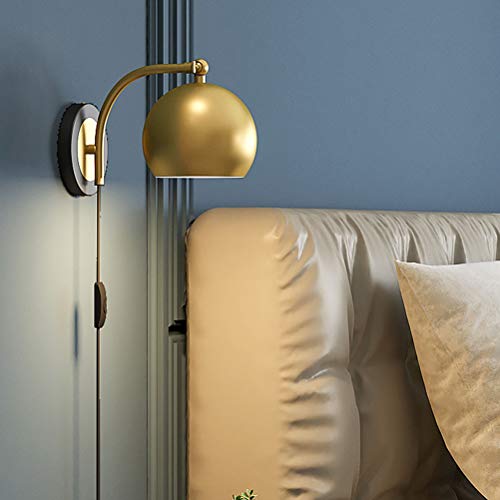 kugelförmig Wandleuchte Verstellbar Vintage Industrial Metall Wandlampe mit Stecker, Bettlampe Wand-Leselampen, 1,5 m Kabel mit Schalter, E27 Gold Innen leuchte für Schlafzimmer Wohnzimmer Flur