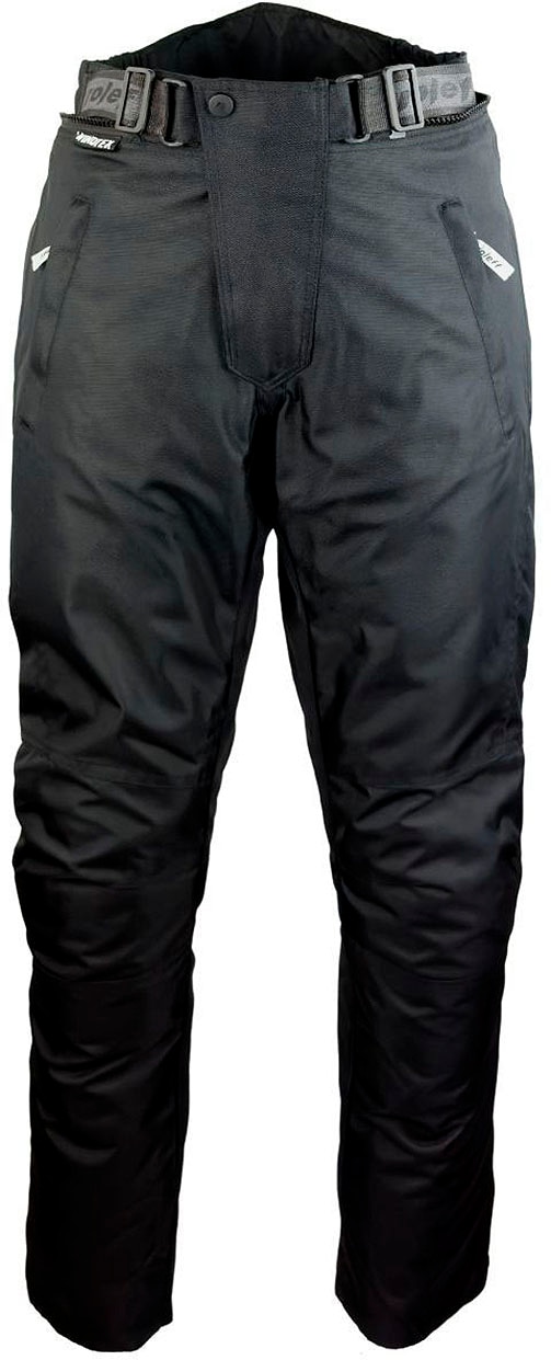 Schwarze Motorradhose in Kurzgröße M mit herausnehmbarem Thermofutter, Protektoren und Weitenverstellung, für Sommer und Winter