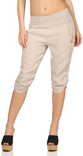 Malito Damen Hose aus Leinen | Stoffhose in Uni Farben | Freizeithose mit Knöpfen | Chino - Capri - Strandhose 7988 (beige, L)