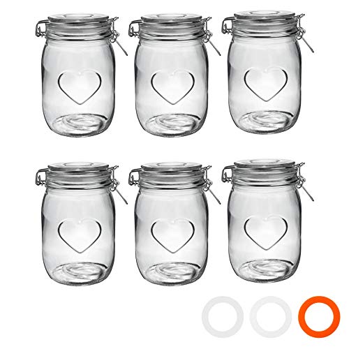 Nicola Spring-Herz-Glas Vorratsgläser mit Airtight Clip Deckel - 1 Liter Set - Clear Seal - Packung mit 6