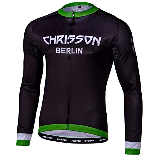 CHRISSON Essential 3XL Grün Fahrradtrikot Langarm für Herren, Atmungsaktive und Schnelltrocknende Fahrradbekleidung, Radtrikot mit Reißverschluss, Fahrrad Trikot für Männer mit 3 großen Rückentaschen