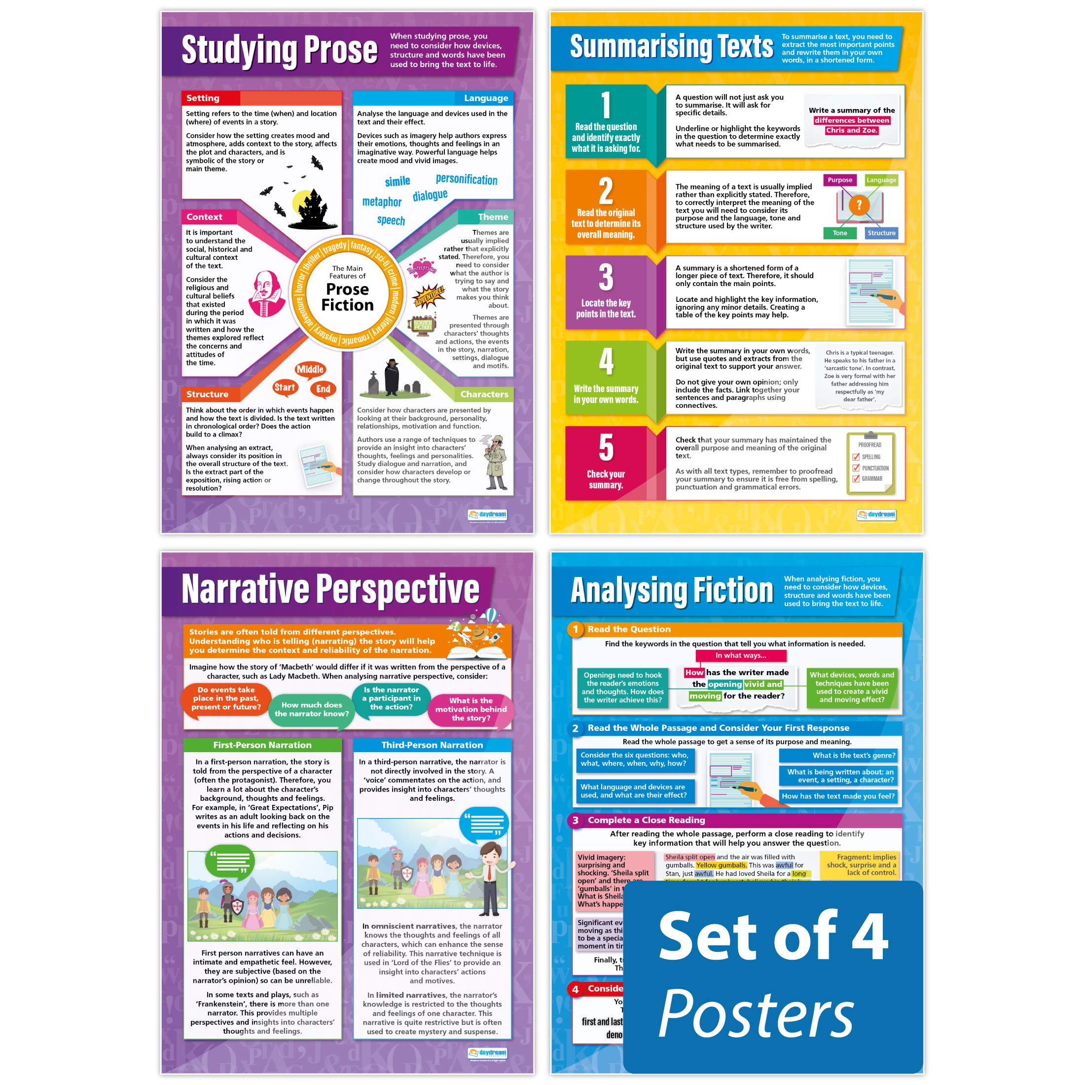 Daydream Education Lern-Prose-Poster – Set mit 4 englischen Postern | laminiertes Hochglanzpapier mit den Maßen 850 mm x 594 mm (A1) | Lehrtafeln von Daydream Education