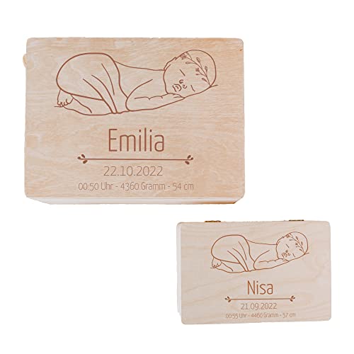 wunderwunsch - Personalisierte Erinnerungsbox Baby - Individuelle Baby Erinnerungsbox - Niedliche Erinnerungskiste aus Holz - Tolles Geschenk zur Geburt (M | 40 X 30 X 25 CM, Natur)