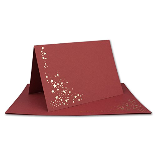 Faltkarten DIN B6 - Dunkelrot mit goldenen Metallic Sternen - 100 Stück - 11,5 x 17 cm - blanko für Drucker geeignet Ideal für Weihnachtskarten - Marke: NEUSER FarbenFroh