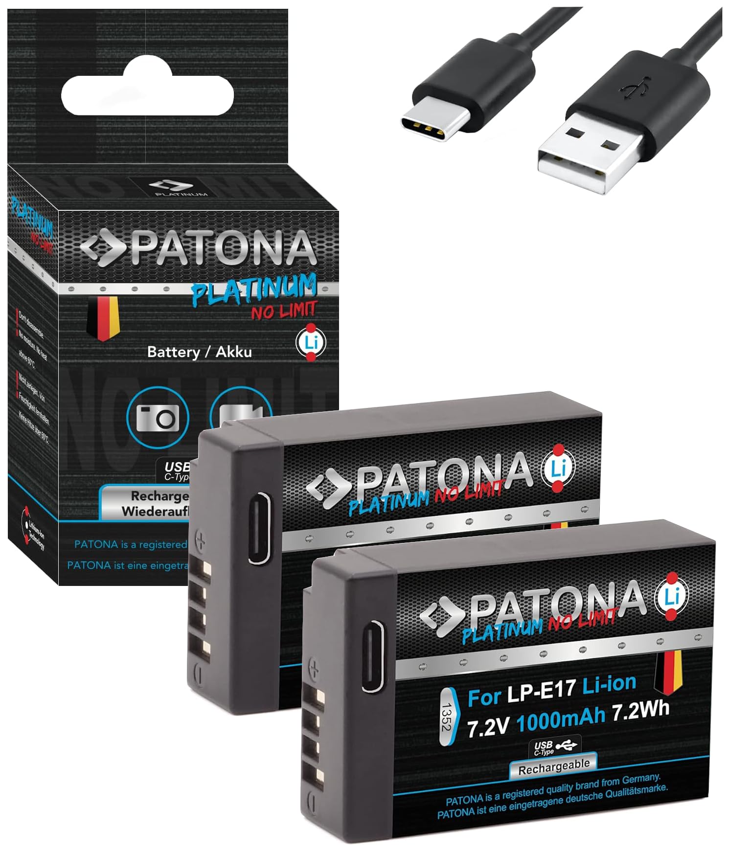 PATONA Platinum LP-E17 USB Akkus (2X 1000 mAh) mit direkt USB Eingang - Kompatibel mit Canon EOS RP R10 R100 77D 200D 250D 750D 760D 800D