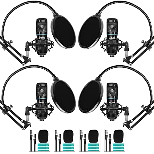 Movo PodPak4A Universal-XLR-Kondensatormikrofon, Podcast-Ausrüstungs-Set für 4 Personen, inkl. Nierenmikrofone, Tischhalterung, Schockhalterungen, Pop-Filter und Audiokabel, 4 Stück