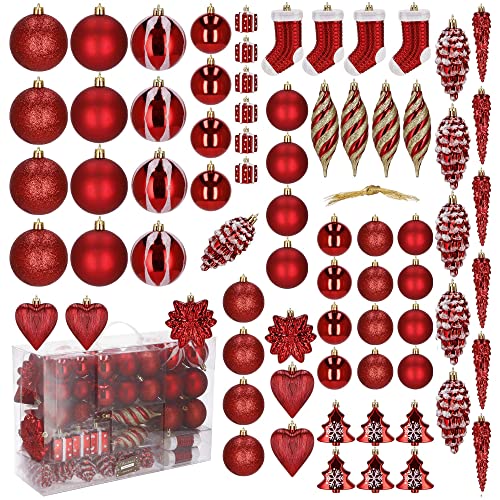 SPRINGOS Baumkugeln-Set, 72 STK., Rot, Verschiedene Formen, Baumschmuck, Weihnachten, Weihnachtsdeko, mit Wintermotiven