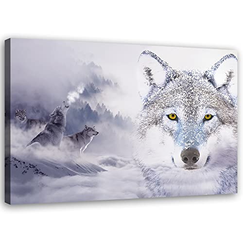 Feeby Vlies Leinwandbild Schnee Rudel Wölfe Heulender Wolf 90x60 cm Druckbild Wandbild Wanddekoration Deko Wand Aesthetic Winter Wald Schnee Nebel Weiß