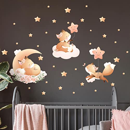 Wandsticker Kinder - Deko Babyzimmer - Wandtattoo Kinderzimmer - Wandaufkleber Fuchs in den Sternen - H60 x L90 cm
