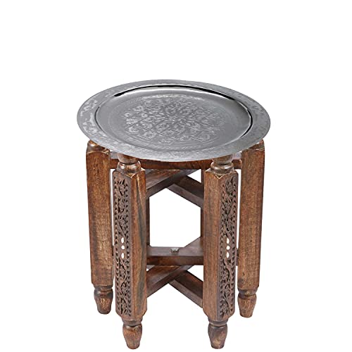 Marokkanischer Runder Tisch Couchtisch Halab ø 40cm rund | Orientalischer Wohnzimmertisch mit klappbaren Vintage Gestell aus Holz in Braun | Tablett Mehdia Klapptisch ist aus Messing in Silber
