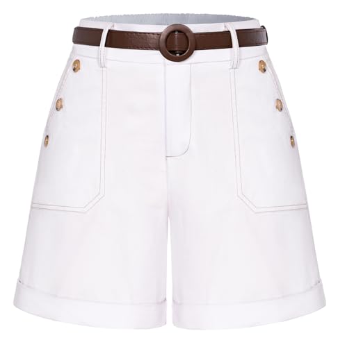 Damen Kurze Hose Hotpants Sommer Bermuda Shorts High Waist Shorts mit Tashcen Weiß M
