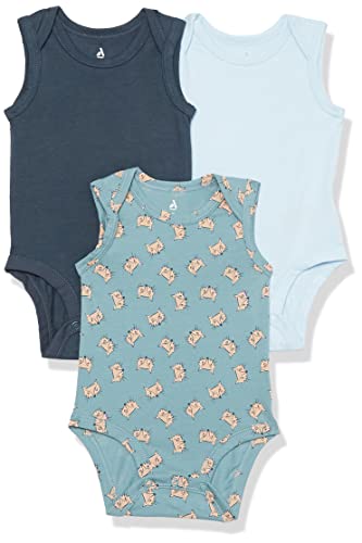 Amazon Aware Unisex Baby Ärmelloser Body Baumwoll-Stretchjersey, 3er Pack Blue Fox Print, 6 Monate